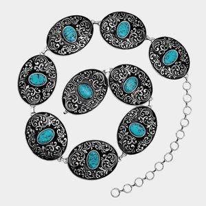 Turquoise Natural Stone Antique Metal Squash Blossom Boho Westen Style L…